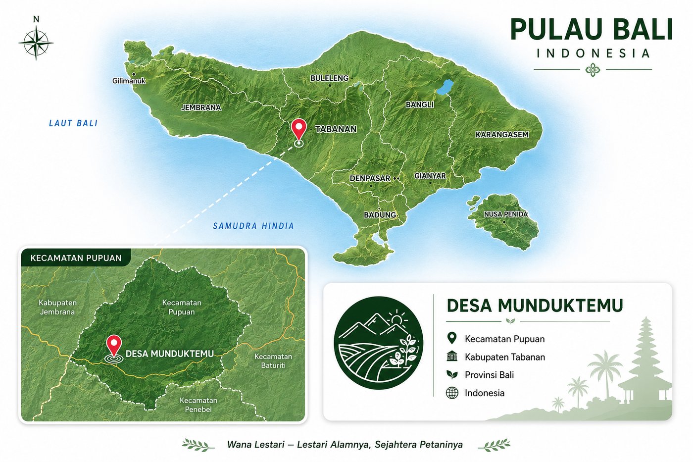 Map of Bali showing the location of Munduktemu Village in Pupuan, Tabanan